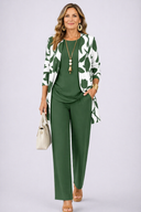 Bria green and white three piece set with patterned cardigan and wide-leg trousers