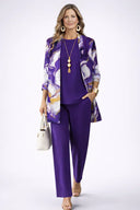 Ardelle purple and white 3 piece set with patterned cardigan
